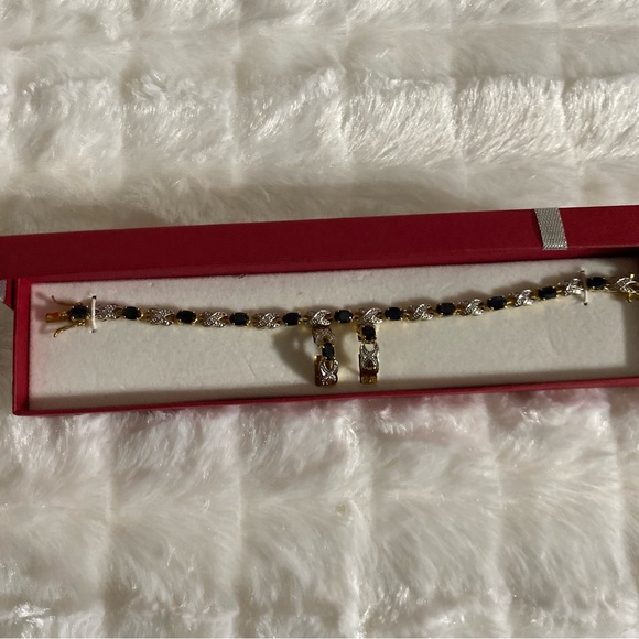 New in Box, Sapphire Blue Pave X Bar CZ Bracelet with matching earrings - Picture 1 of 5